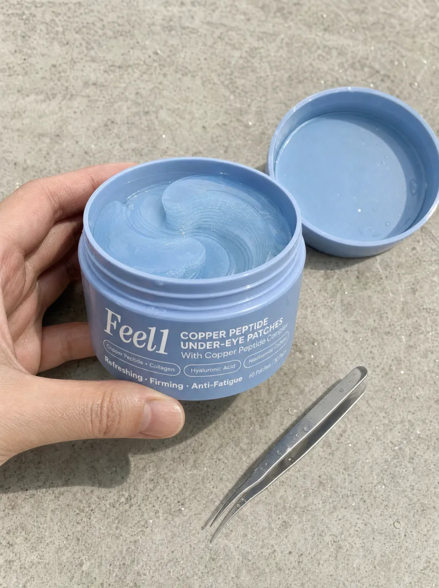 Open jar of Feel1 Copper Peptide Under-Eye Patches with blue hydrogel patches and tweezers