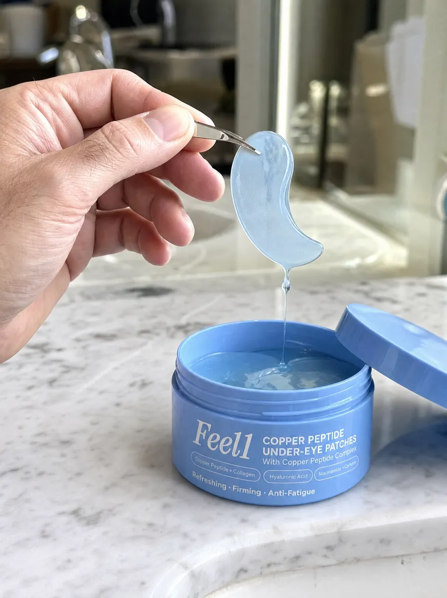 Lifting a blue copper peptide hydrogel patch out of the jar with tweezers