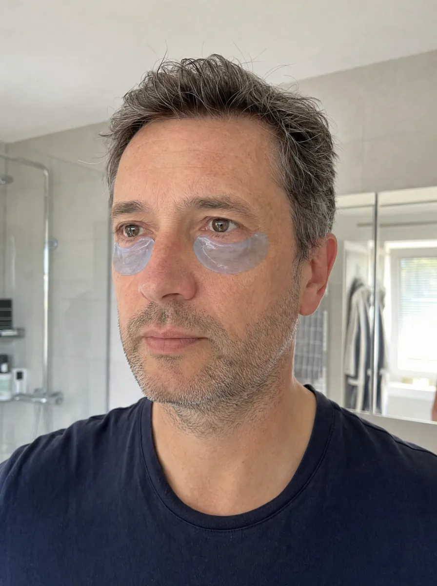 Man wearing Feel1 copper peptide eye patches under both eyes