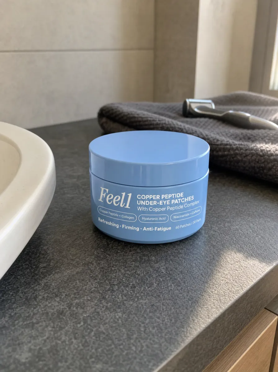 Feel1 Copper Peptide Under-Eye Patches jar on a bathroom counter