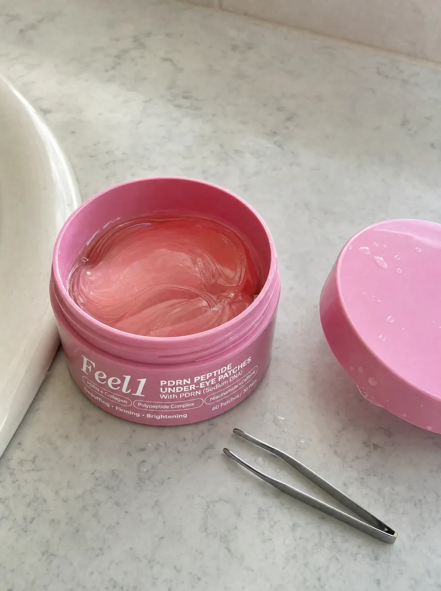 Open jar of Feel1 PDRN Eyepatch with pink hydrogel patches in essence