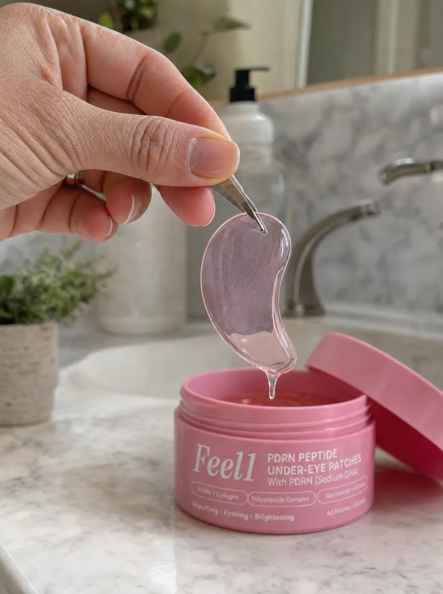 Lifting a pink PDRN hydrogel patch out of the jar with tweezers