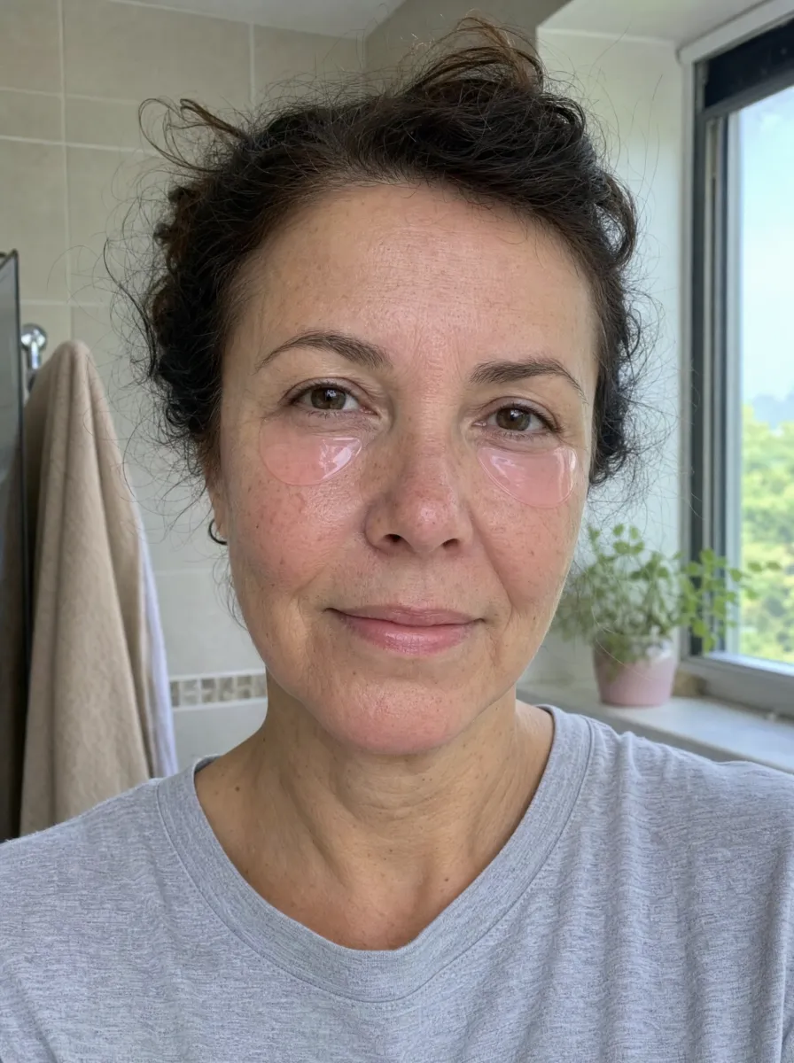 Woman wearing Feel1 PDRN eye patches under both eyes