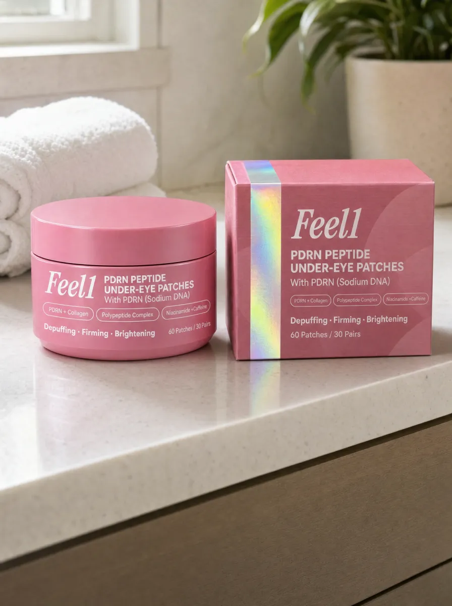 Feel1 PDRN Eyepatch jar and box on a bathroom vanity